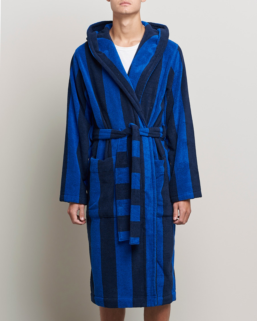 Herr | Pyjamas & Morgonrockar | Tekla | Organic Terry Hooded Bathrobe Navy Block Stripes