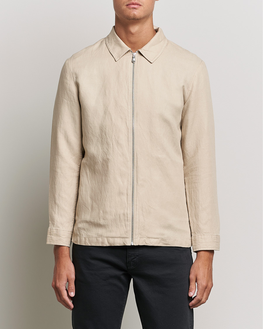 Herr | Skjortor | J.Lindeberg | Jason Zip Linen Shirt Jacket Safari Beige