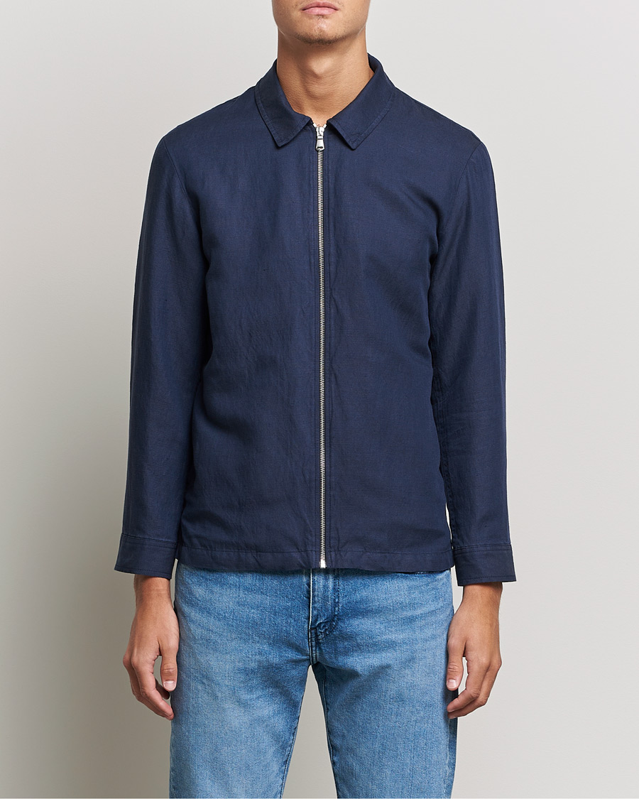 Herr | Jackor | J.Lindeberg | Jason Zip Linen Shirt Jacket Navy