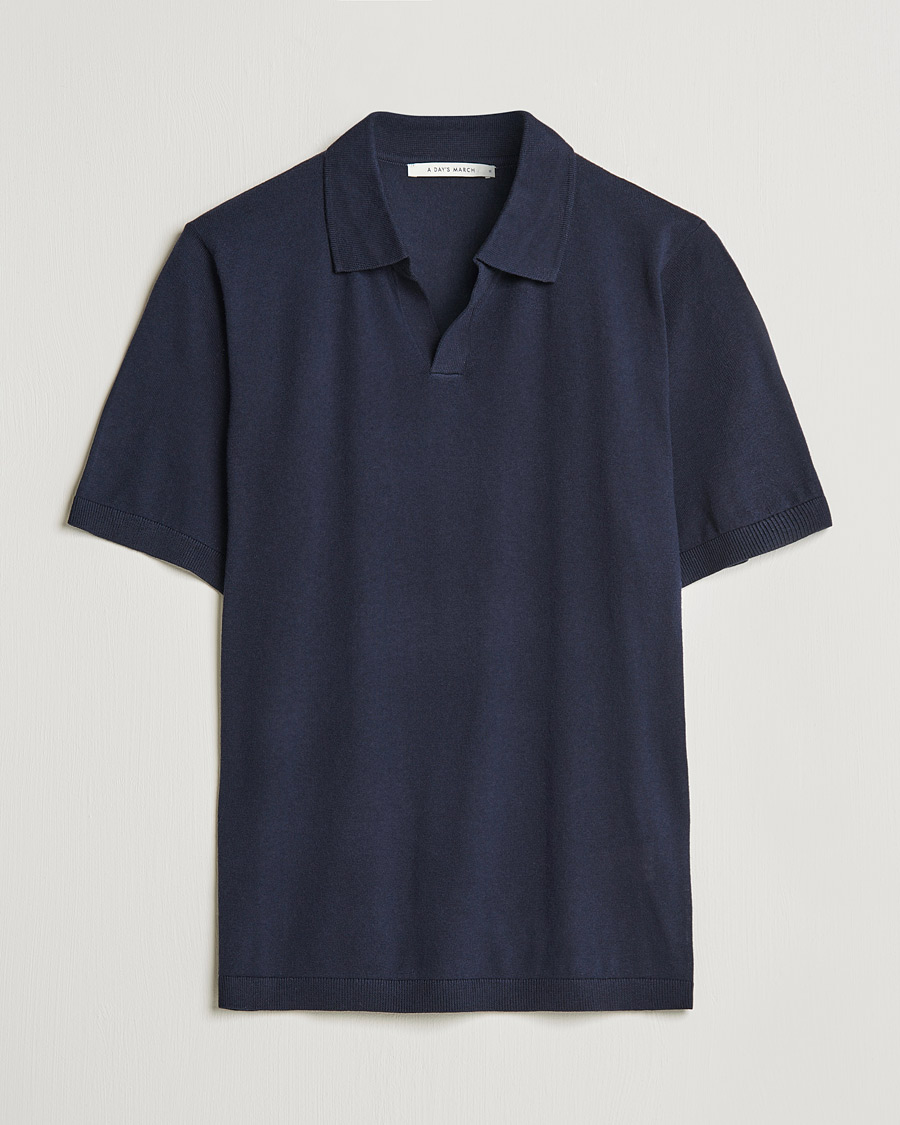 Herr | Pikéer | A Day's March | Ebro Cotton/Merino Open Collar Polo Navy