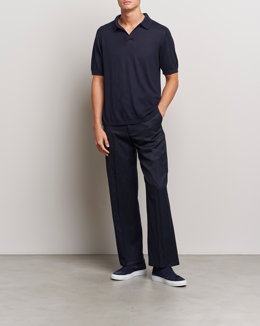 Herr | Pikéer | A Day's March | Ebro Cotton/Merino Open Collar Polo Navy
