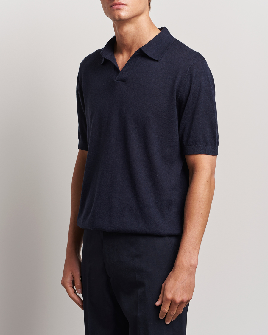 Herr | Pikéer | A Day's March | Ebro Cotton/Merino Open Collar Polo Navy
