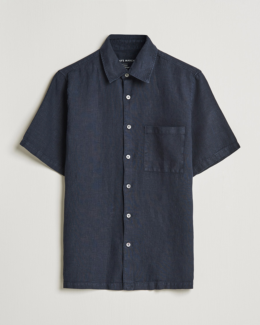 Herr | Skjortor | A Day's March | Khito Short Sleeve Linen Shirt Dark Navy