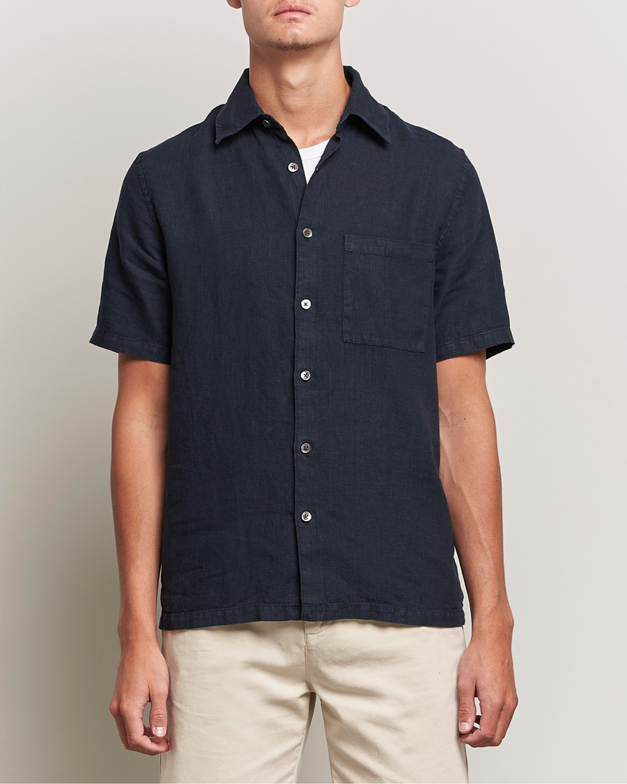 Herr | Skjortor | A Day's March | Khito Short Sleeve Linen Shirt Dark Navy