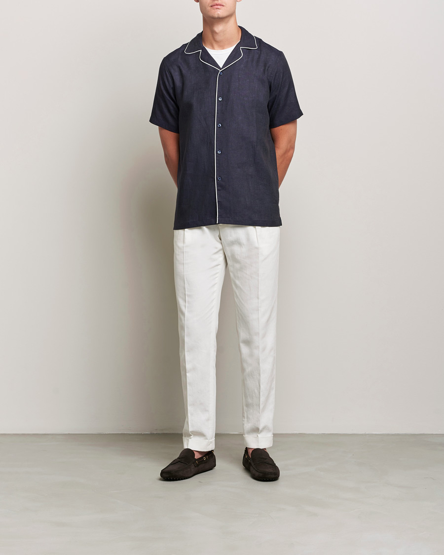 Herr | Kortärmade skjortor | Orlebar Brown | Hibbert Short Sleeve Linen Shirt Navy