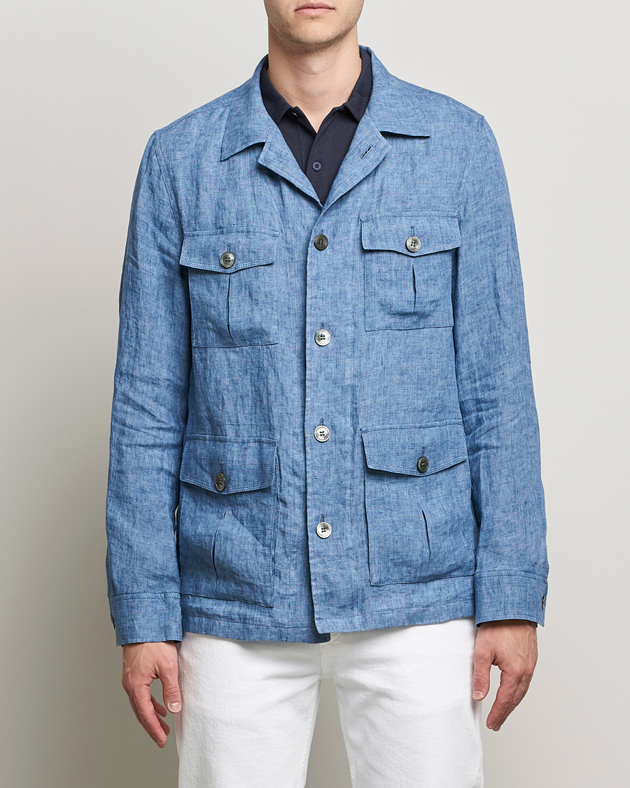 Herr |  | Oscar Jacobson | Safari Linen Shirt Jacket Smog Blue