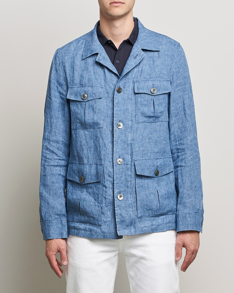 Herr | Skjortor | Oscar Jacobson | Safari Linen Shirt Jacket Smog Blue
