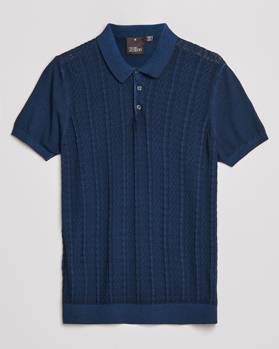 Herr |  | Oscar Jacobson | Bard Knitted Cotton Crepe Polo Washed Blue