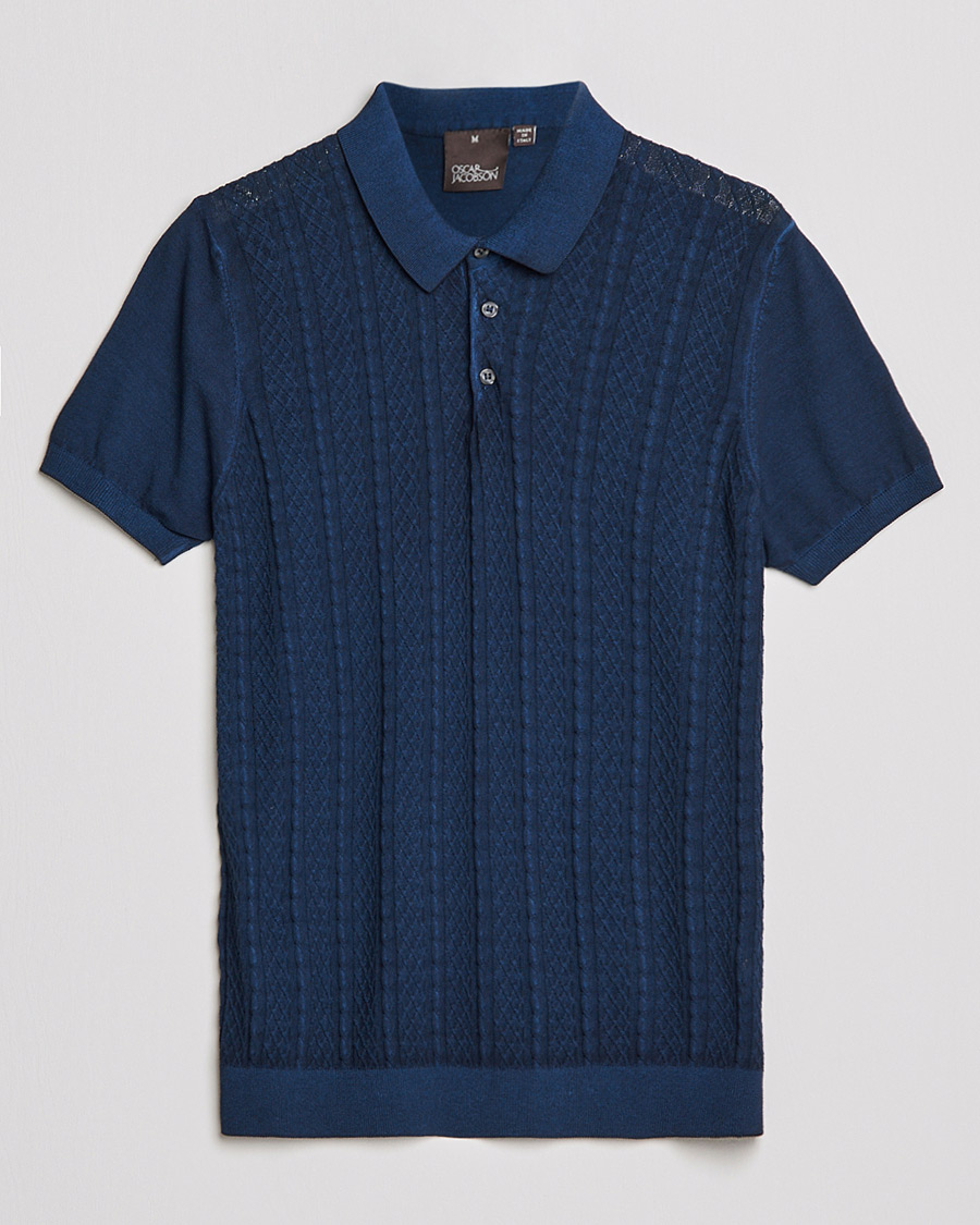 Herr | Pikéer | Oscar Jacobson | Bard Knitted Cotton Crepe Polo Washed Blue