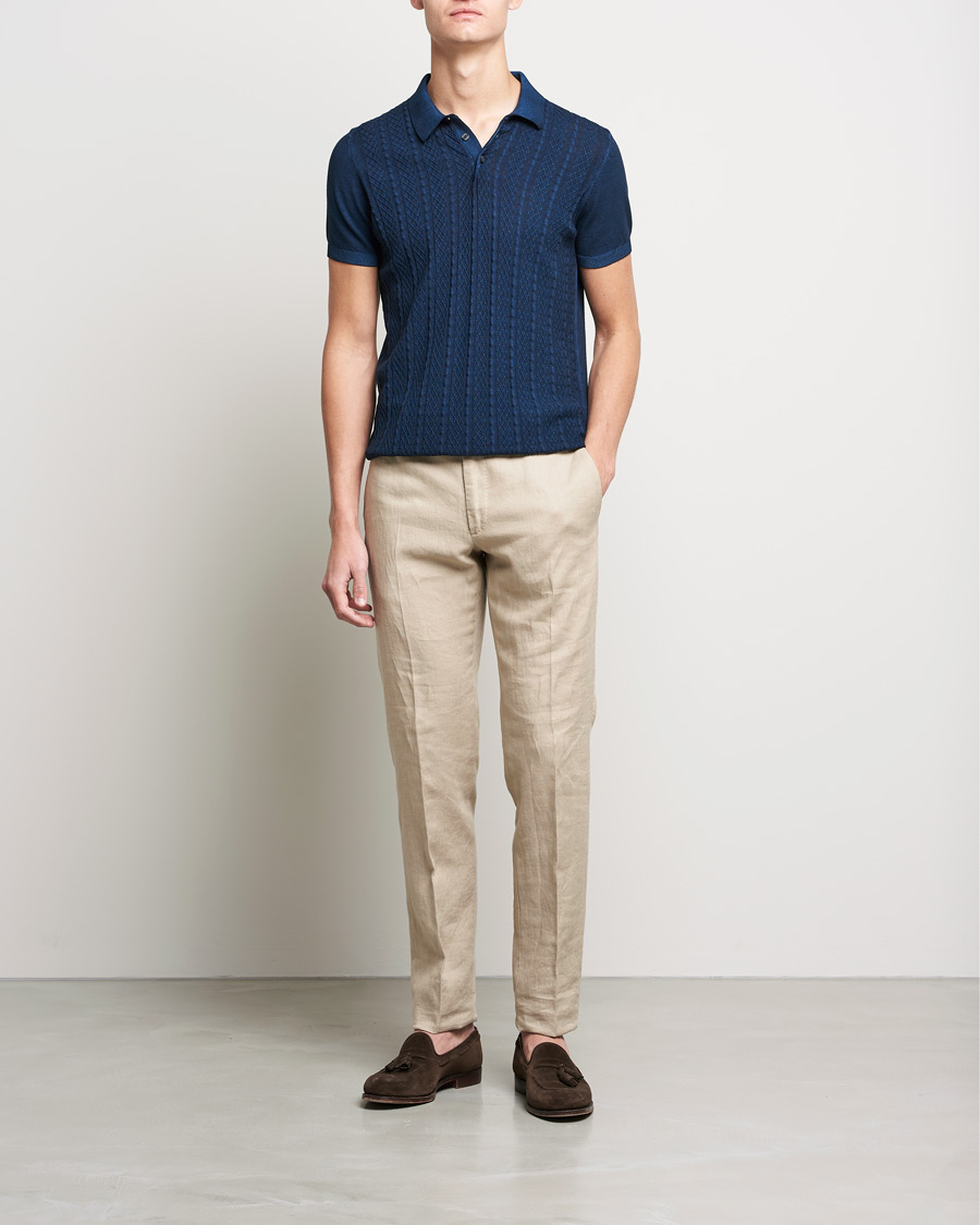 Herr | Pikéer | Oscar Jacobson | Bard Knitted Cotton Crepe Polo Washed Blue