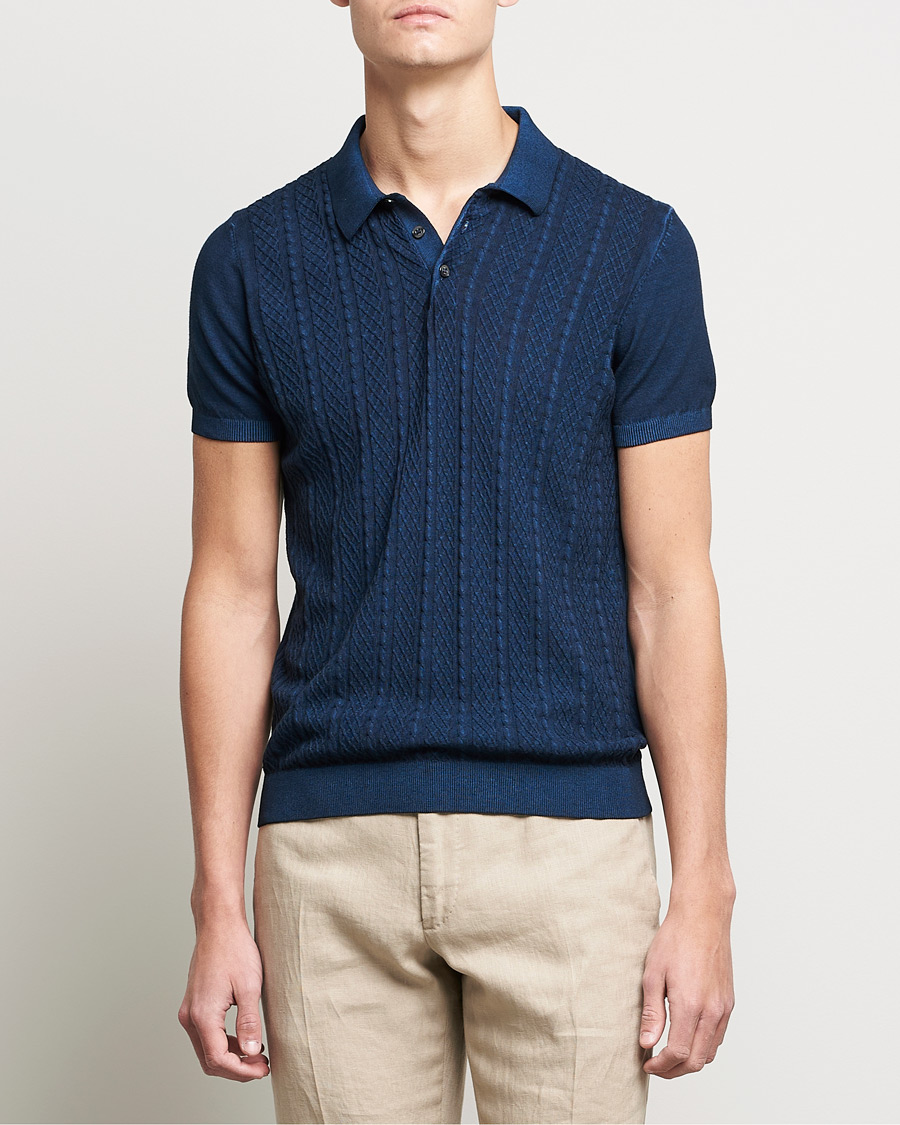 Herr | Pikéer | Oscar Jacobson | Bard Knitted Cotton Crepe Polo Washed Blue