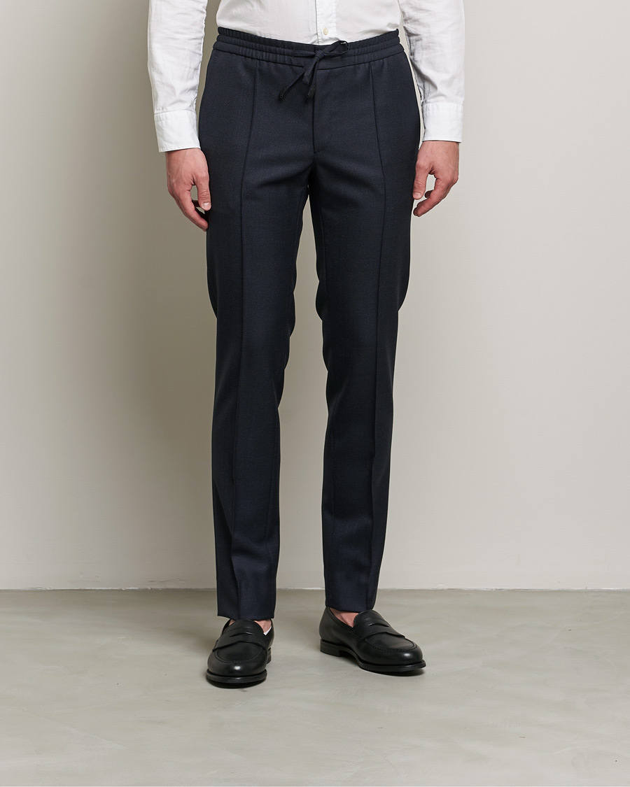 Herr | Byxor | Brioni | Sharkskin Wool Drawstring Trousers Navy