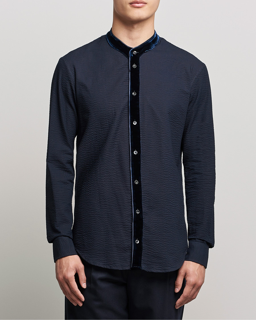 Herr | Giorgio Armani | Giorgio Armani | Seersucker Velvet Guru Collar Shirt Navy