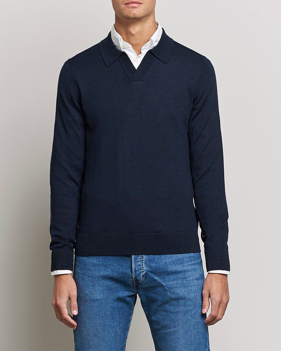 Herr | Tröjor | Morris | Delon Merino Knitted Polo Shirt Navy