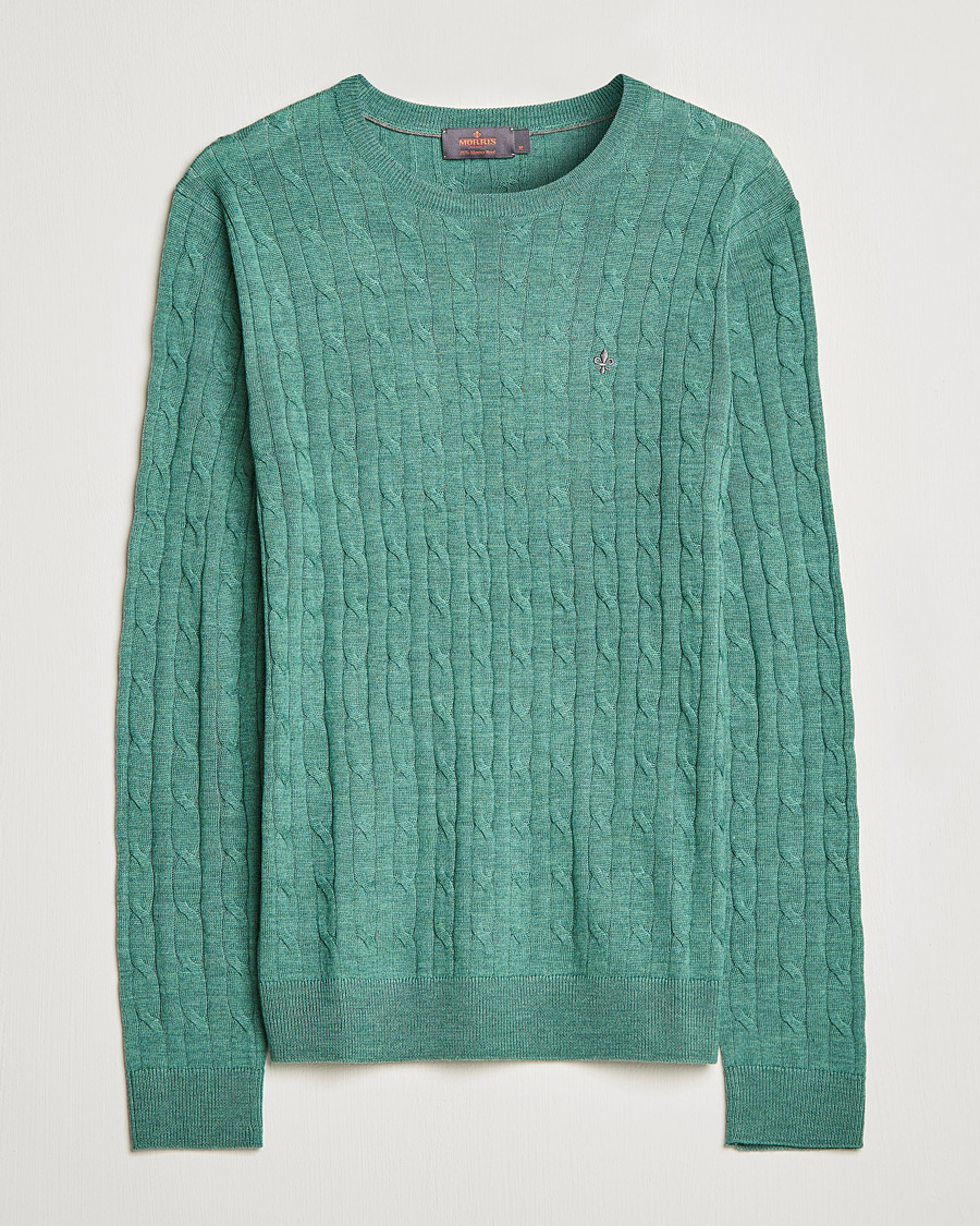 Herr | Tröjor | Morris | Merino Cable Crew Neck Pullover Mineral Green