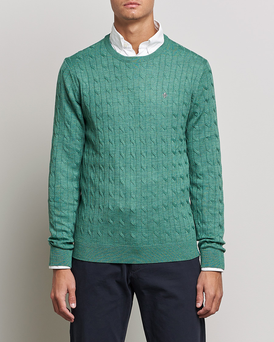 Herr | Pullover rundhals | Morris | Merino Cable Crew Neck Pullover Mineral Green