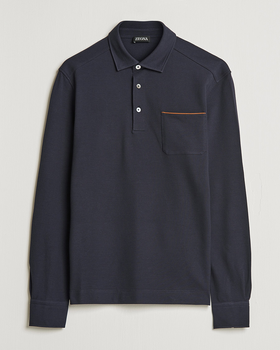 Herr | Pikéer | Zegna | Long Sleeve Cotton Piquet Polo Navy