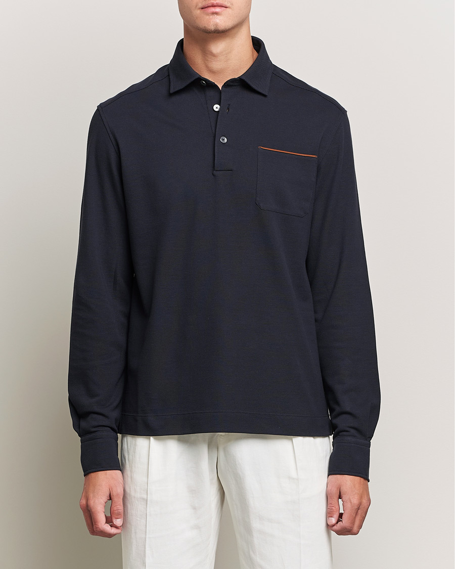 Herr | Pikéer | Zegna | Long Sleeve Cotton Piquet Polo Navy