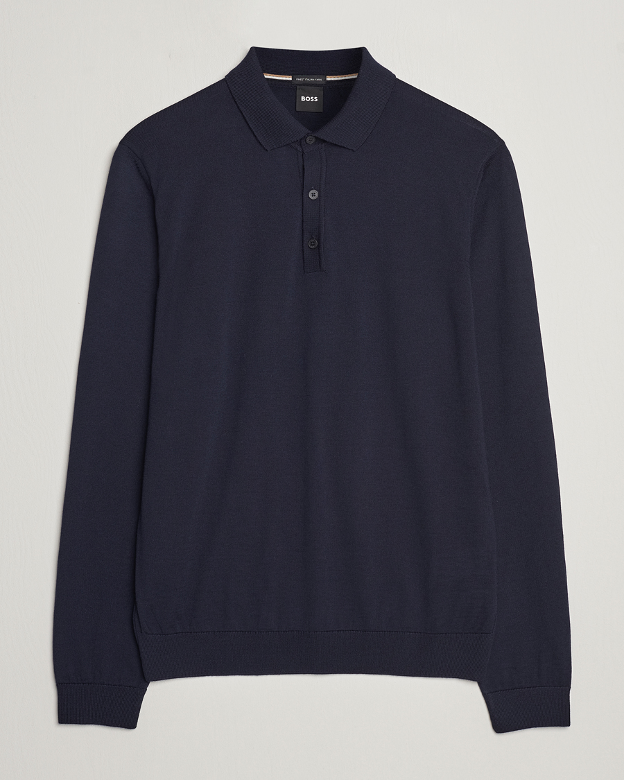 Herr | Tröjor | BOSS BLACK | Lancione Merino Knitted Polo Dark Blue