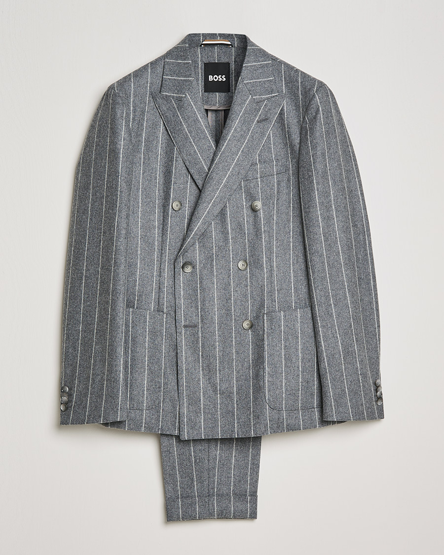 Herr | Kostymer | BOSS BLACK | BOSS Hanry Wool Double Breasted Pinstripe Suit Medium Grey