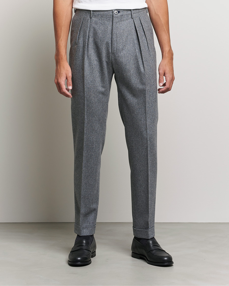 Herr | Byxor | Incotex | Pleated Flannel Trousers Grey Melange
