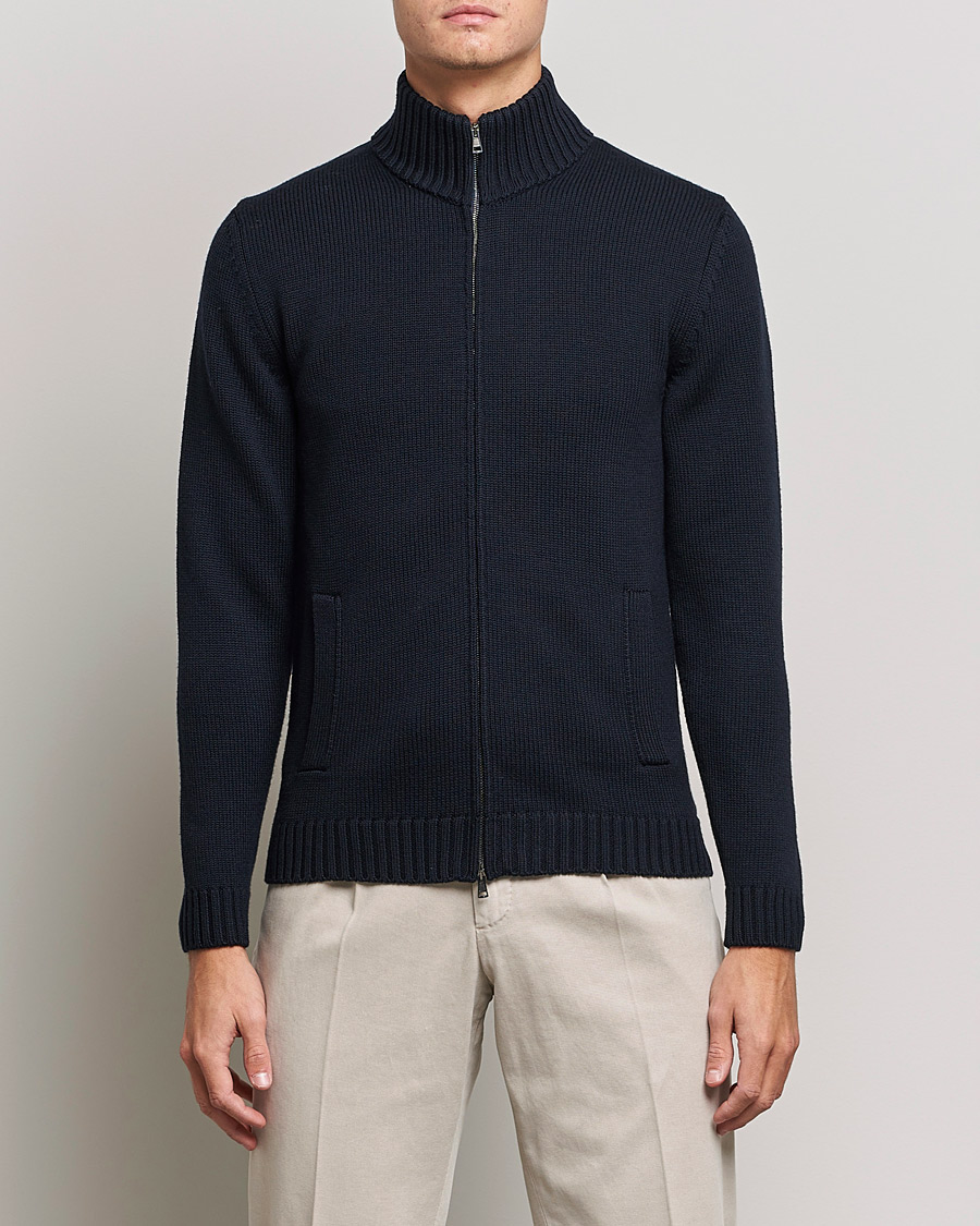 Herr | Tröjor | Zanone | Virgin Merino Wool Zip Cardigan Navy