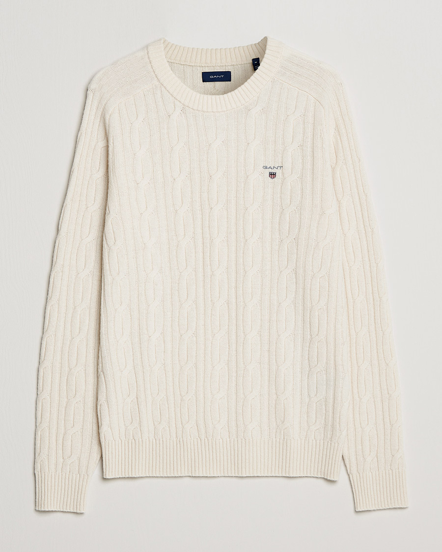 Herr | Tröjor | GANT | Lambswool Cable Crew Neck Pullover Cream