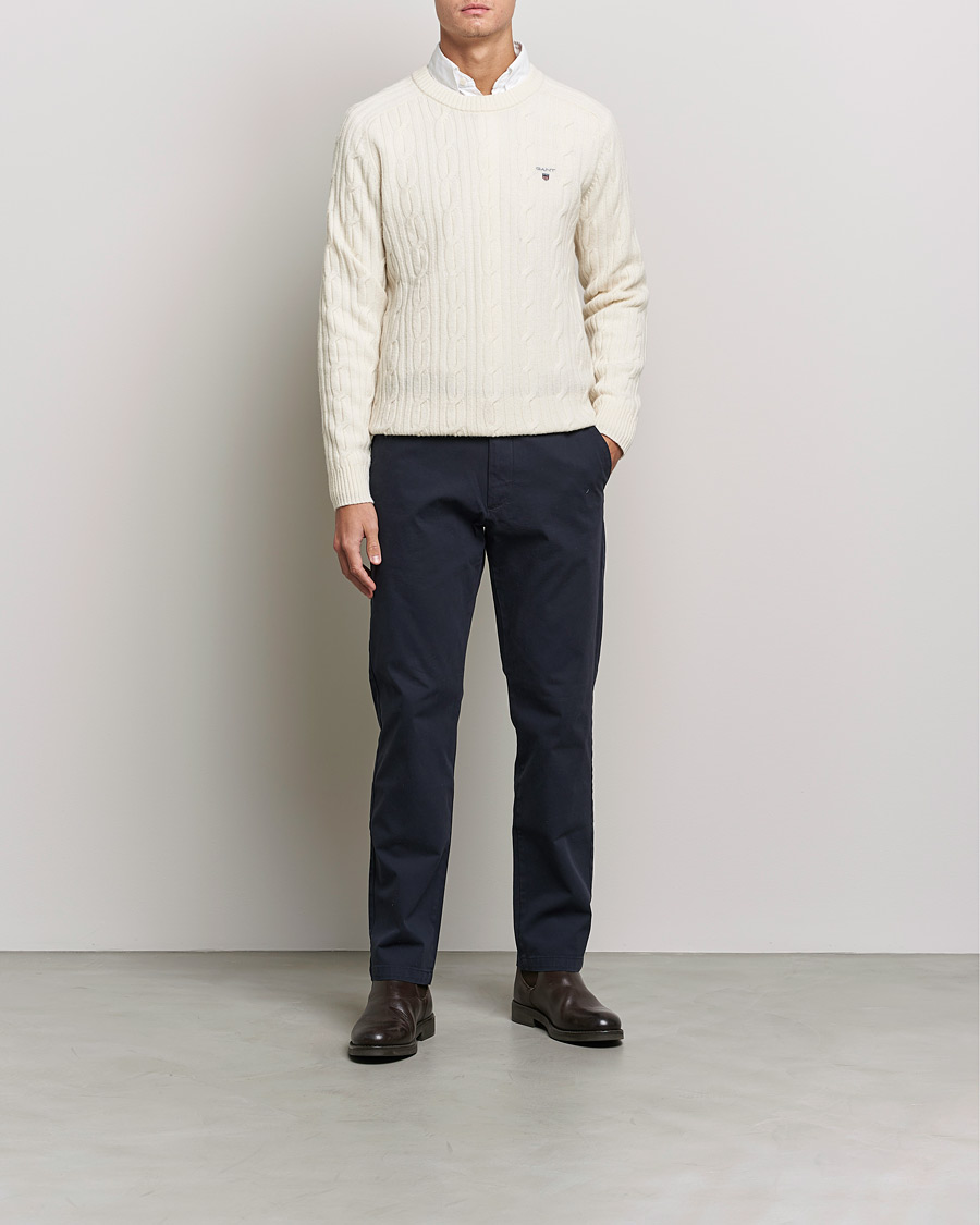 Herr | Tröjor | GANT | Lambswool Cable Crew Neck Pullover Cream