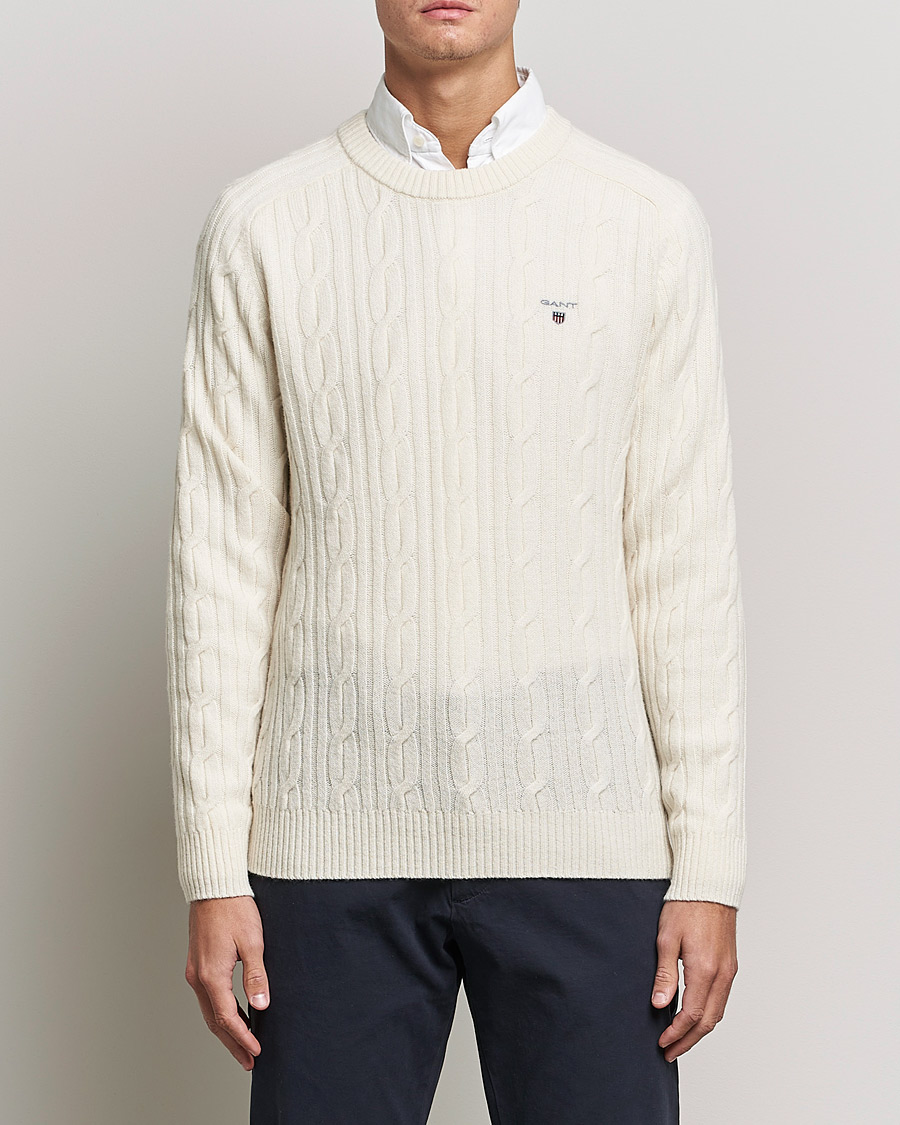 Herr | Tröjor | GANT | Lambswool Cable Crew Neck Pullover Cream