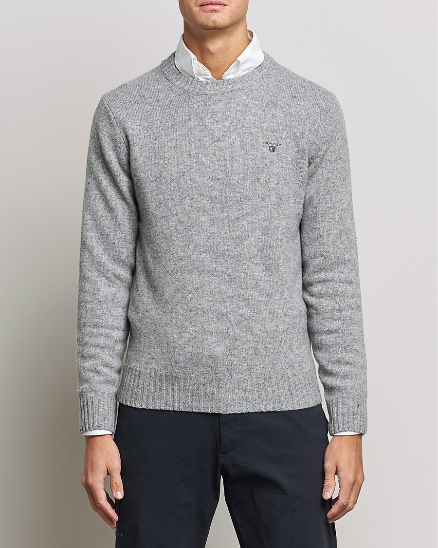 Herr | Stickade tröjor | GANT | Brushed Wool Crew Neck Sweater Grey Melange