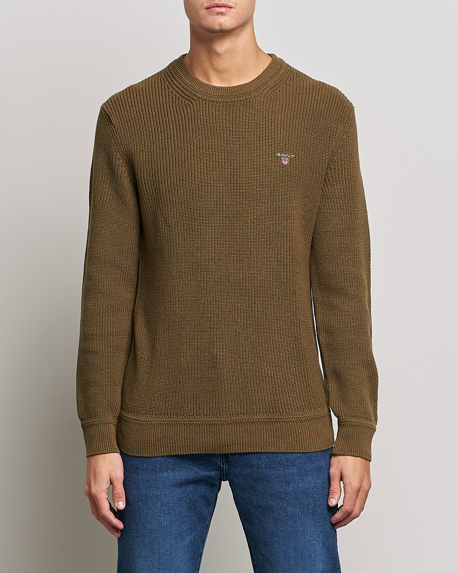 Herr | Stickade tröjor | GANT | Cotton/Wool Ribbed Sweater Army Green