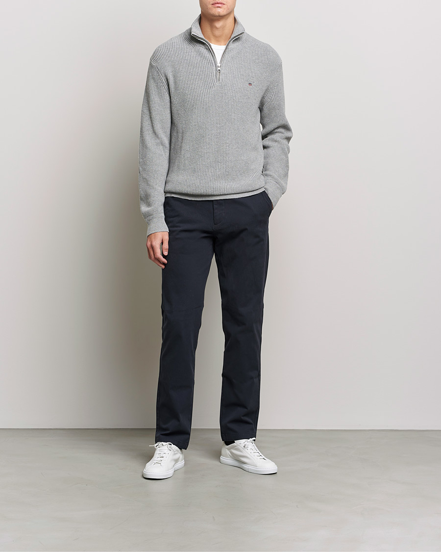 Herr | Tröjor | GANT | Cotton/Wool Ribbed Half Zip Sweater Grey Melange
