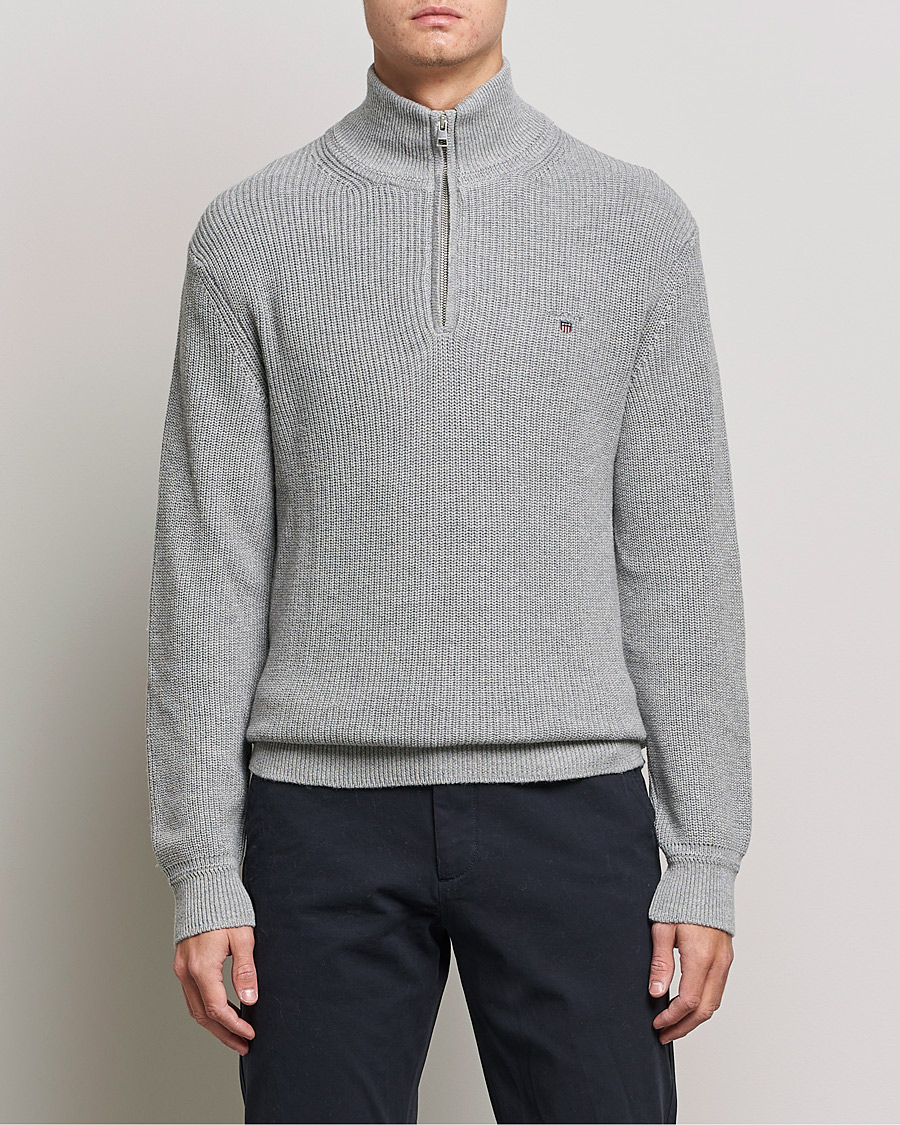 Herr | Tröjor | GANT | Cotton/Wool Ribbed Half Zip Sweater Grey Melange