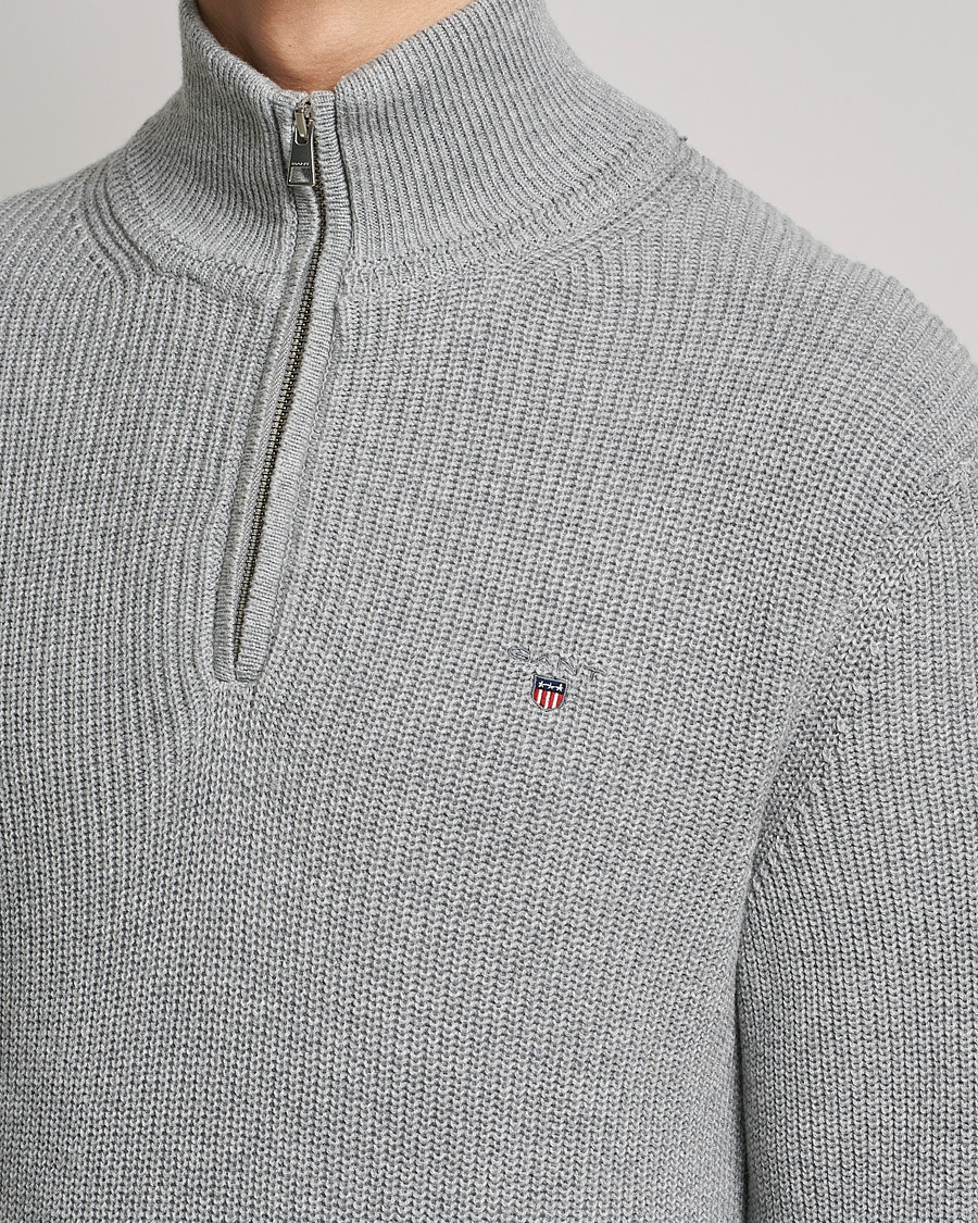 Herr | Tröjor | GANT | Cotton/Wool Ribbed Half Zip Sweater Grey Melange