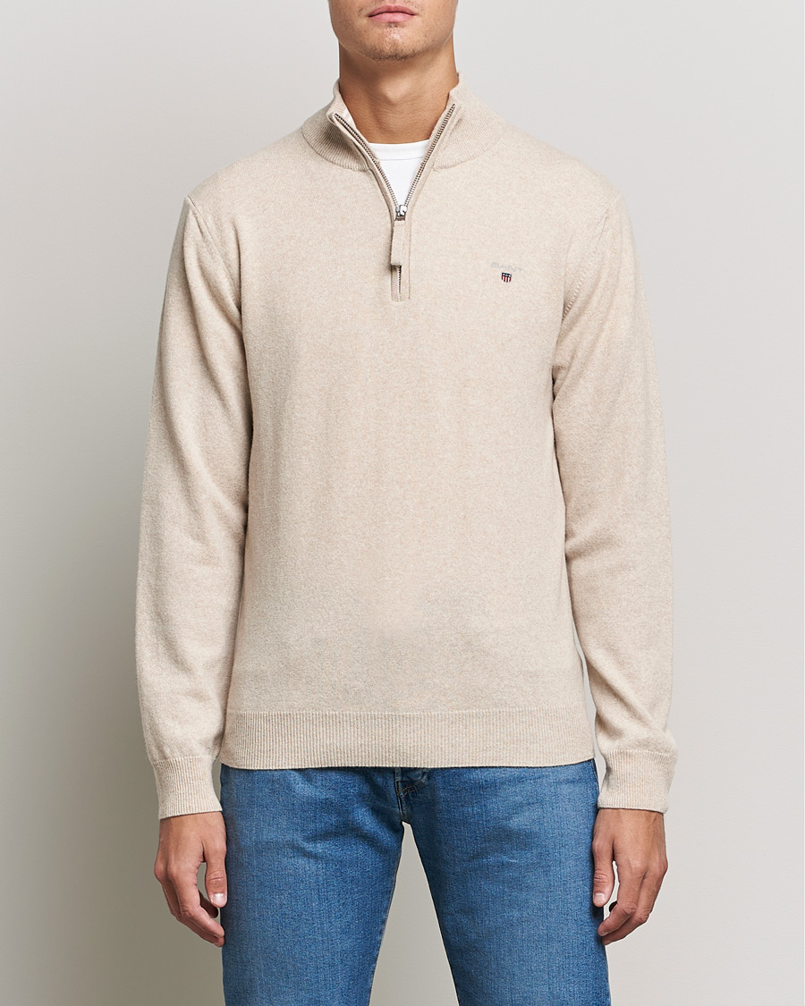 Herr | Tröjor | GANT | Lambswool Half Zip Dark Sand Melange
