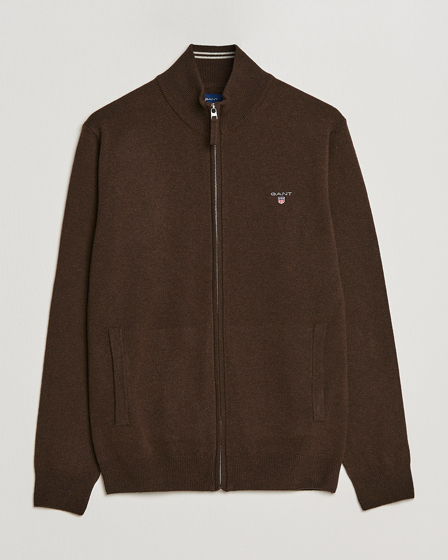 Herr | Tröjor | GANT | Lambswool Full Zip Dark Brown Melange