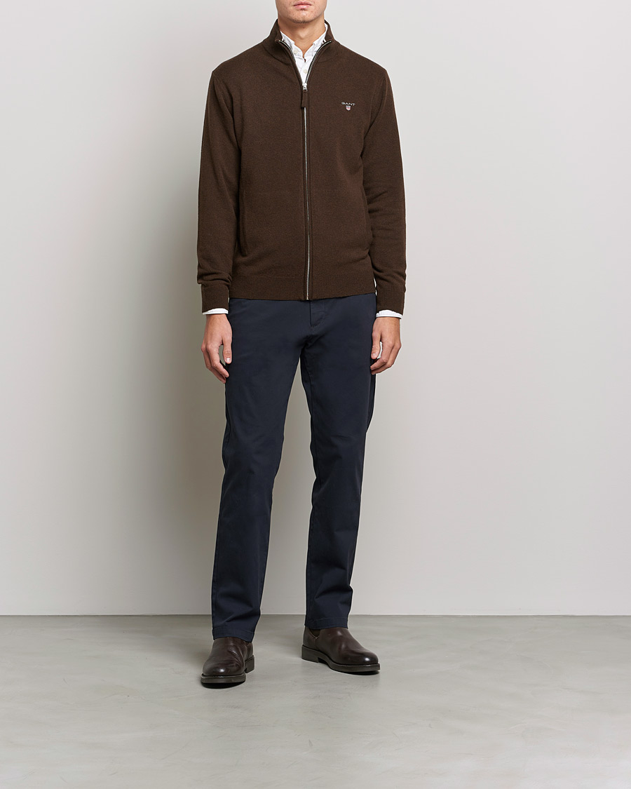 Herr | Tröjor | GANT | Lambswool Full Zip Dark Brown Melange