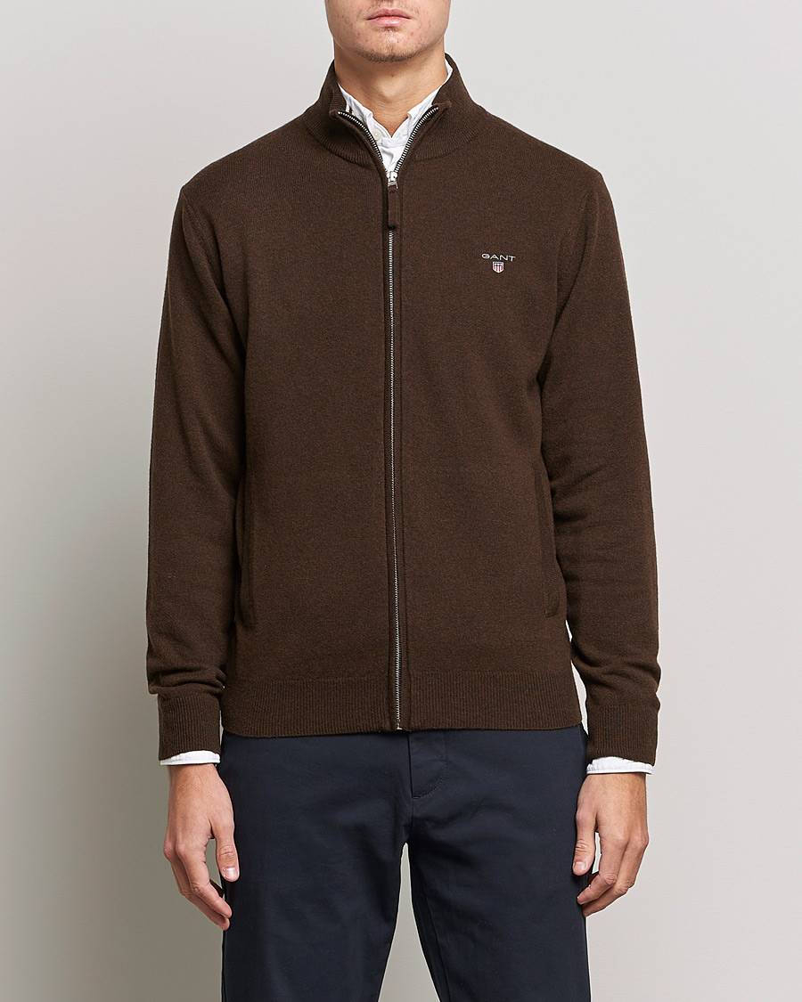 Herr | Tröjor | GANT | Lambswool Full Zip Dark Brown Melange