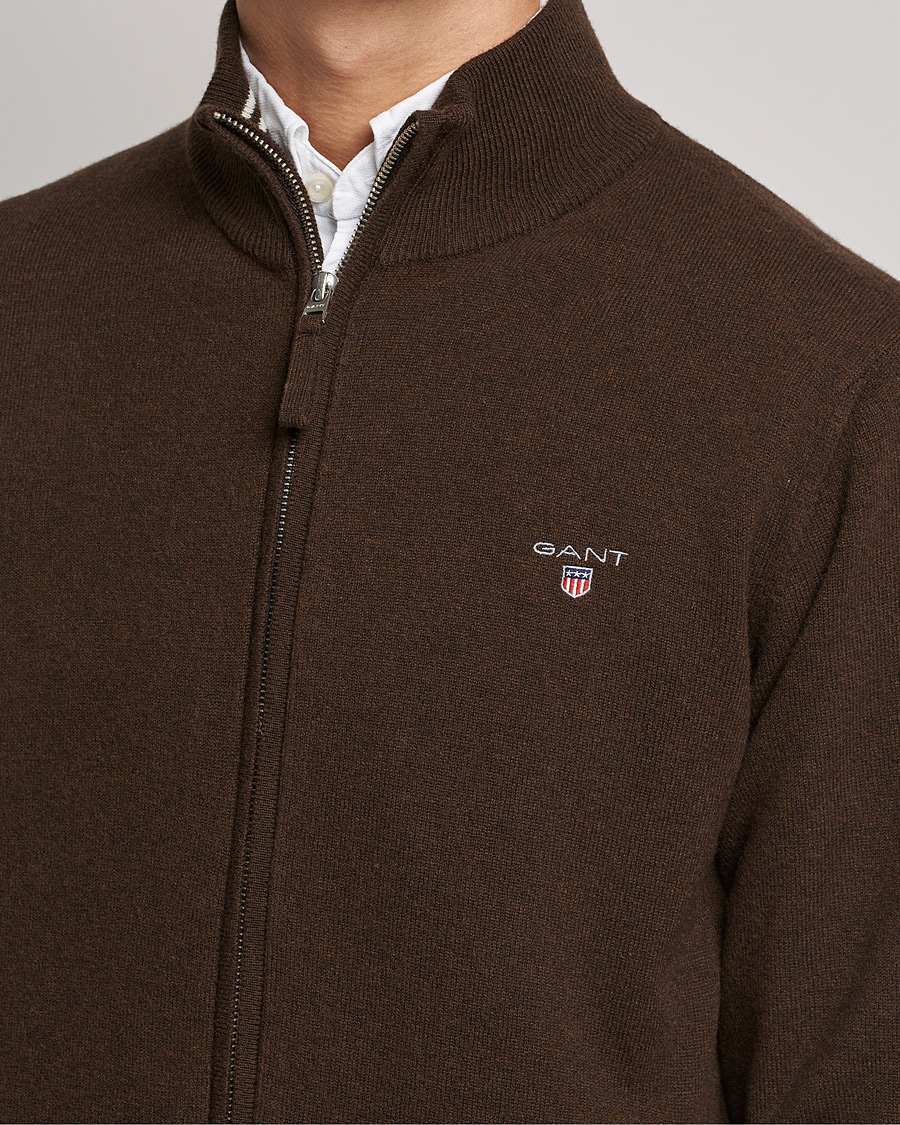 Herr | Tröjor | GANT | Lambswool Full Zip Dark Brown Melange