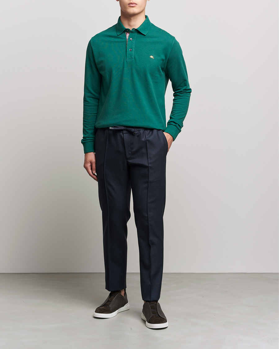 Herr | Långärmade pikéer | Etro | Long Sleeve Contrast Paisley Polo Emerald