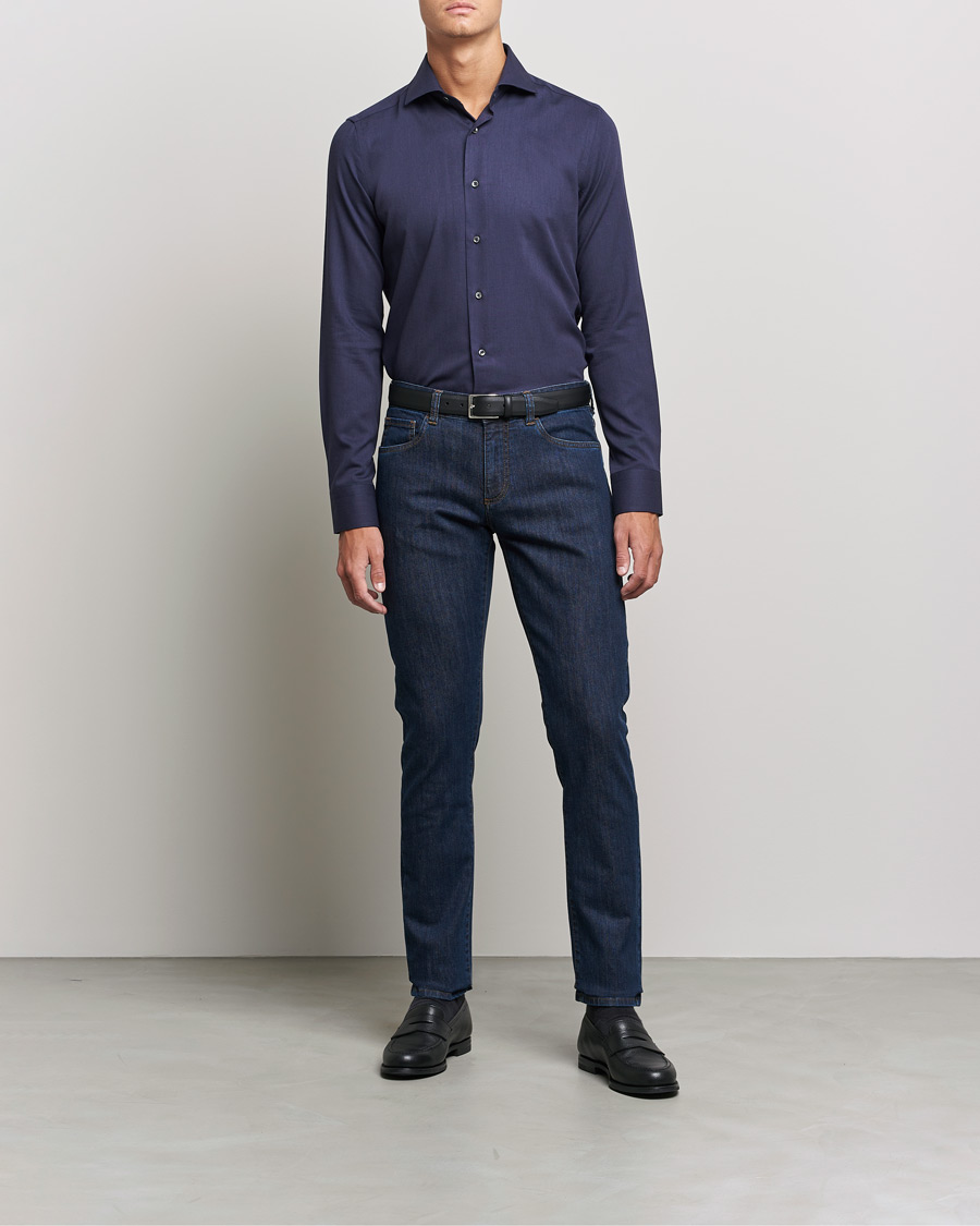Herr | Skjortor | Canali | Slim Fit Flannel Shirt Navy