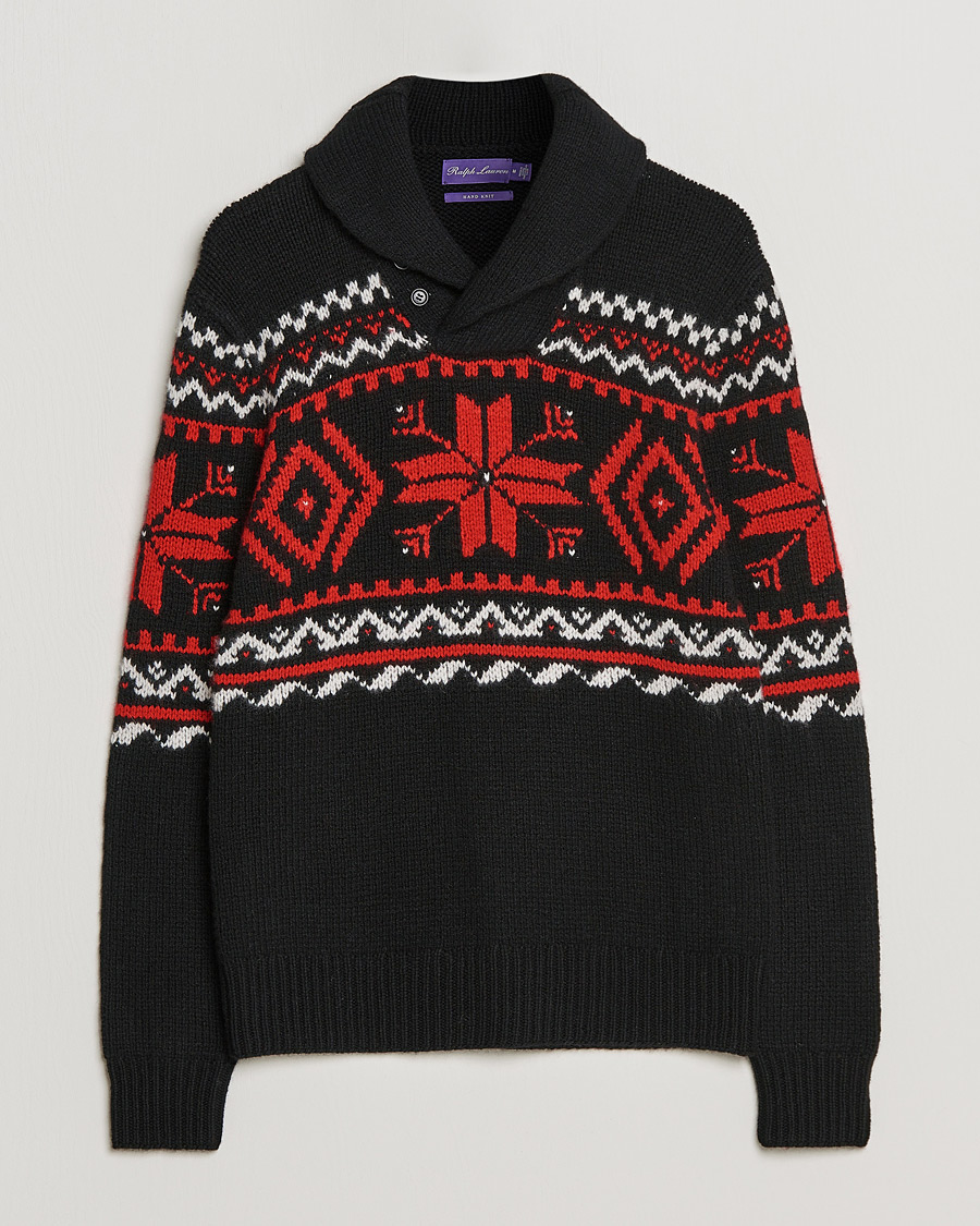 Herr | Tröjor | Ralph Lauren Purple Label | Cashmere Jacquard Shawl Sweater Black/Red