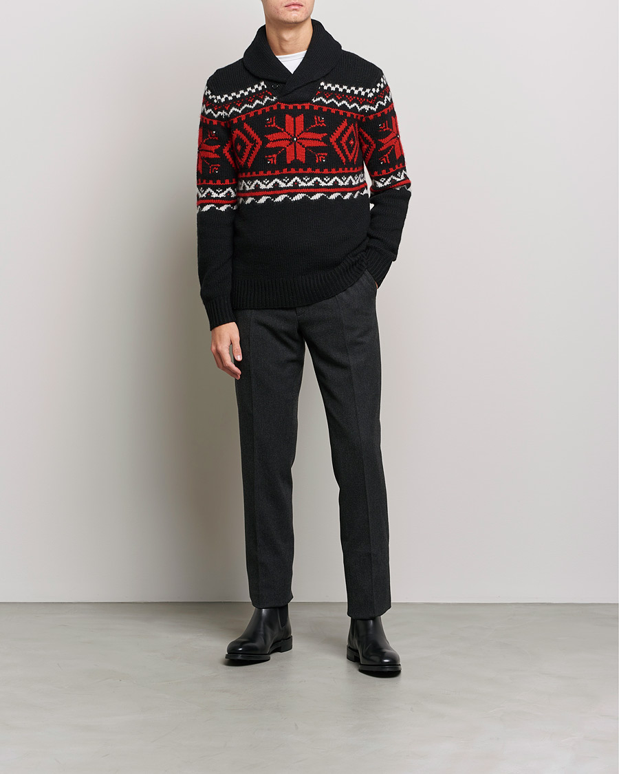 Herr | Tröjor | Ralph Lauren Purple Label | Cashmere Jacquard Shawl Sweater Black/Red