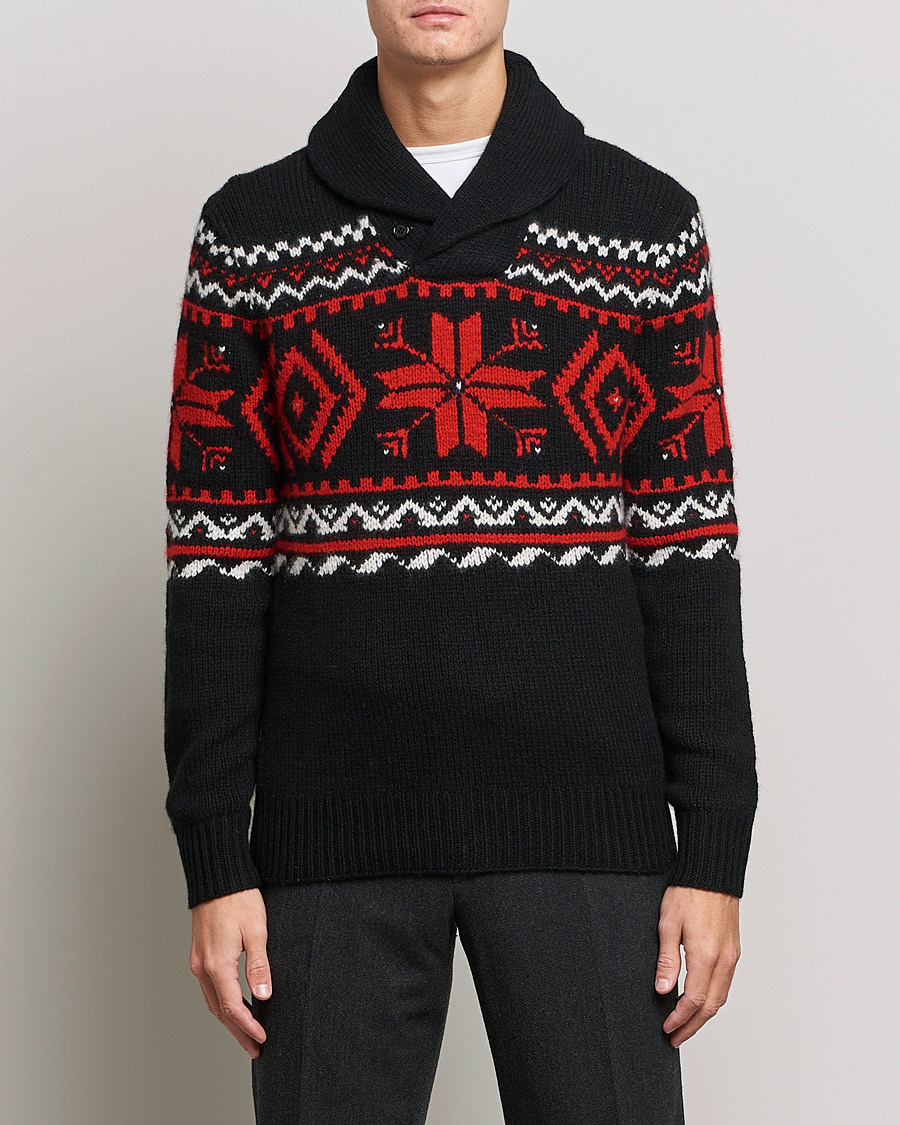 Herr | Tröjor | Ralph Lauren Purple Label | Cashmere Jacquard Shawl Sweater Black/Red