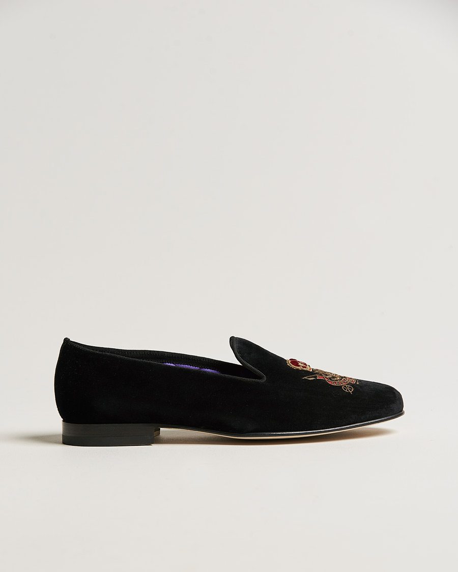 Herr | Ralph Lauren Purple Label Velvet Embroidered Slippers Black | Ralph Lauren Purple Label | Velvet Embroidered Slippers Black