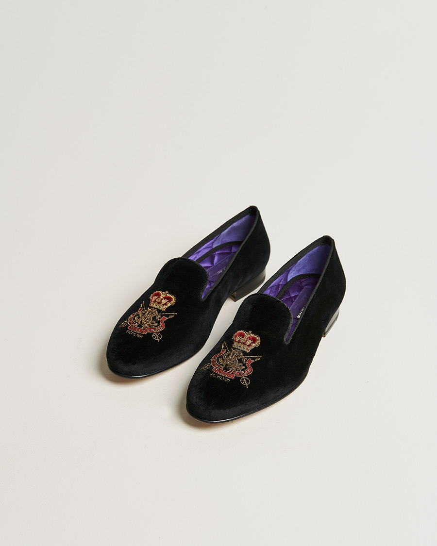 Herr | Ralph Lauren Purple Label Velvet Embroidered Slippers Black | Ralph Lauren Purple Label | Velvet Embroidered Slippers Black