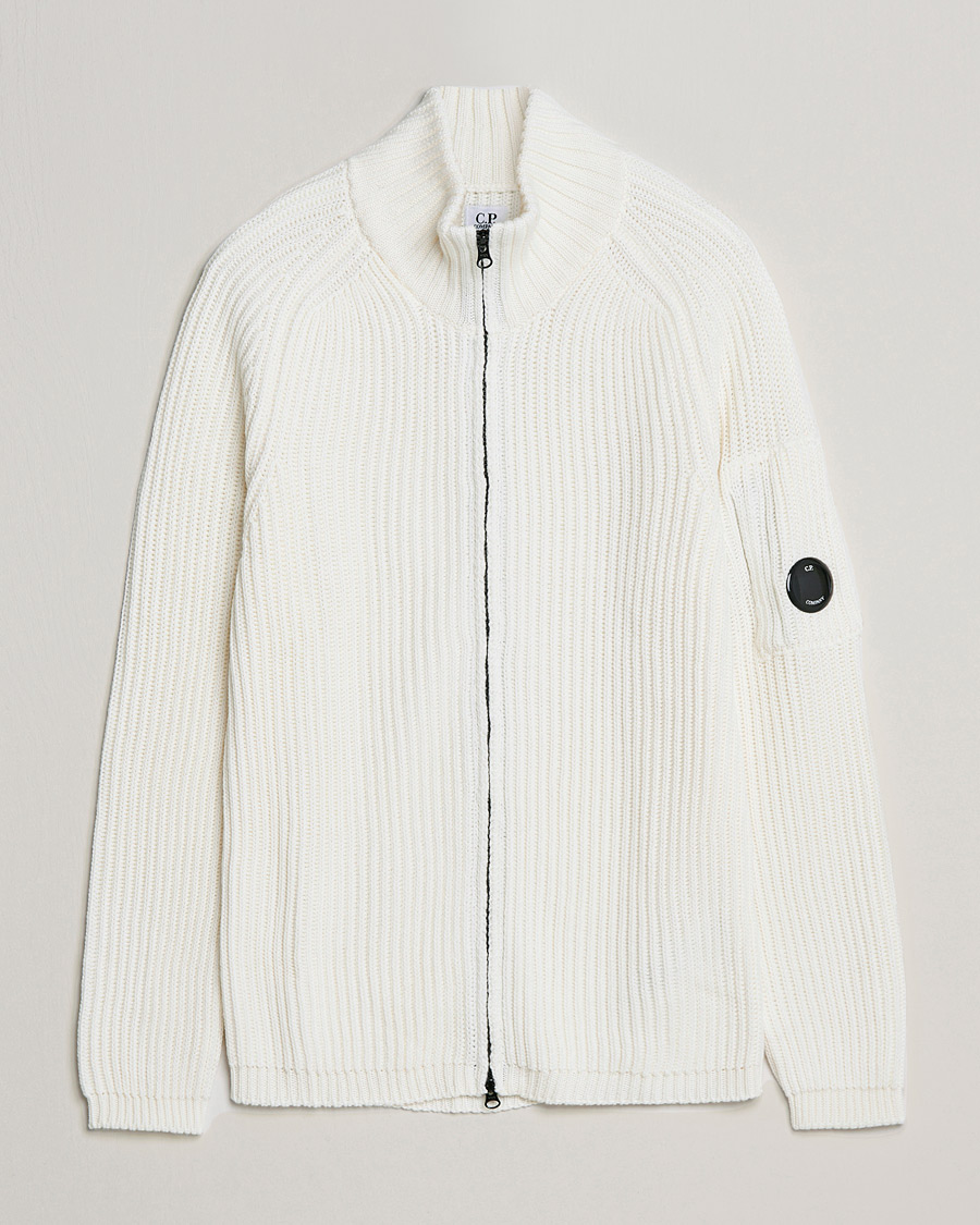 Herr | Tröjor | C.P. Company | Merino Wool Full Zip Lens Cardigan White