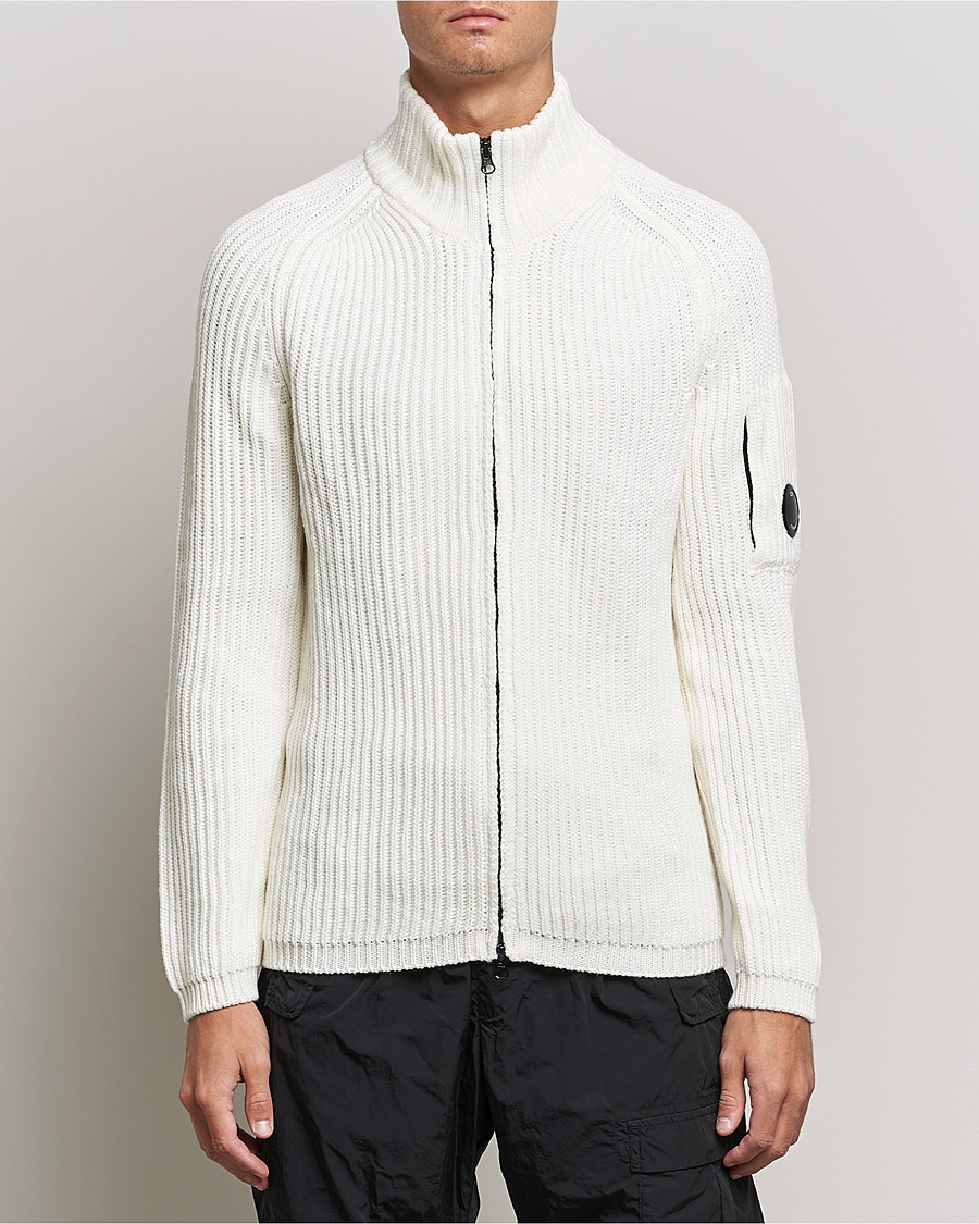 Herr | Tröjor | C.P. Company | Merino Wool Full Zip Lens Cardigan White