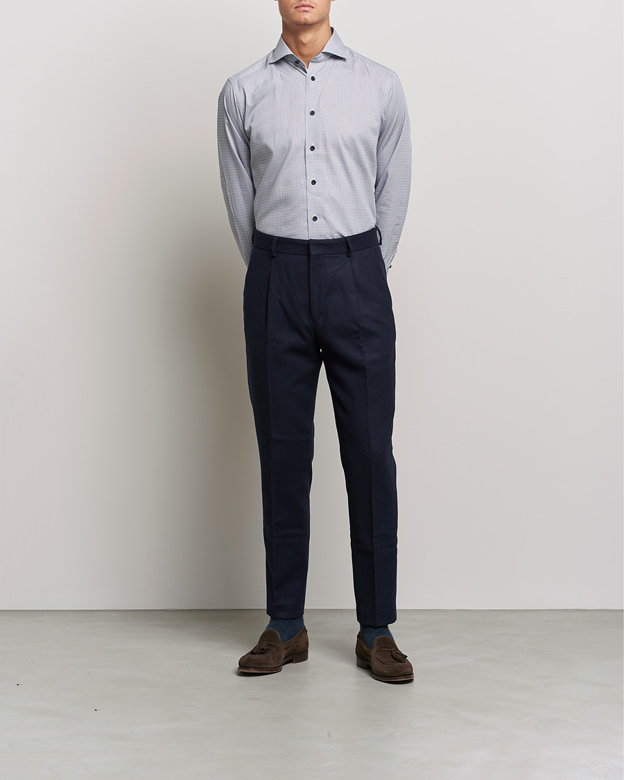 Herr | Skjortor | Eton | Floral Print Cotton Tencel Flannel Shirt Navy
