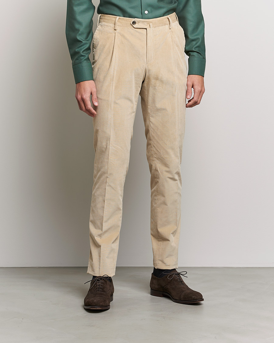 Herr | Manchesterbyxor | PT01 | Slim Fit Pleated Corduroy Trousers Light Beige